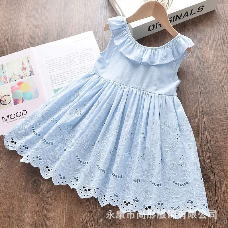 Girls' Summer Lace Embroidered Dress with Bow