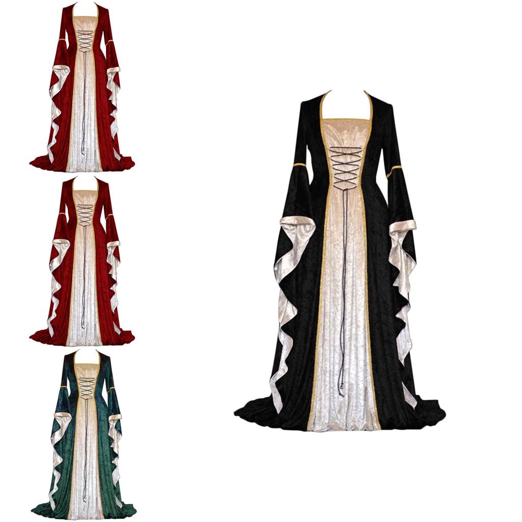 Exquisites Langarm-Bodenlanges Renaissance-Kleid mit Banddekoration für Cosplay