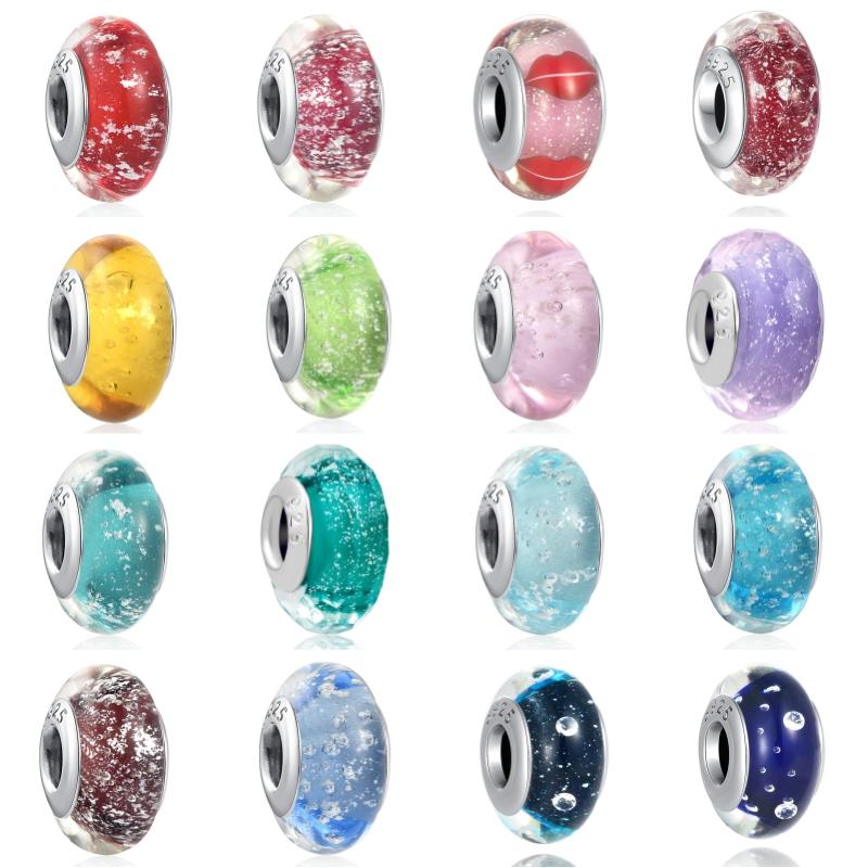 2024 New 925 Sterling Silver Plated Luminous Glass Charm Bule Merano Rainbow Bead Fit Original Diy Bracelet Jewelry Clip