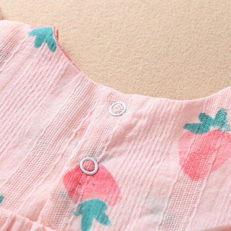 Yaz Rahat Bebek Kız Çilek Desen Flare Kol Elbise PP Pantolon Kafa Bandı Sundress Seti