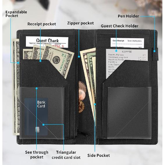 Server Book,Waitress Book,5x9 Inch Server Books for Waitress & Waiter, Cute PU Leather Serving Book Guest Check Presenters Organizer with Zipper