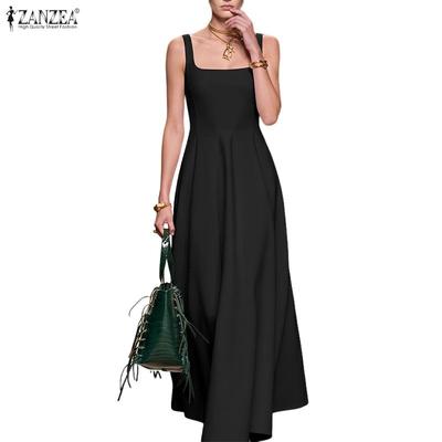 Women Elegant Square Collar Casual Sleeveless Long Dress