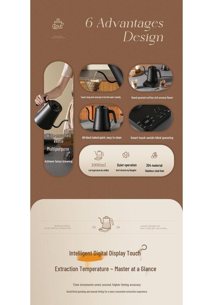 Smart Temperature Control Electric Kettle with Long Spout for Hand Drip Coffee, 110V/220V, Keep Warm Feature