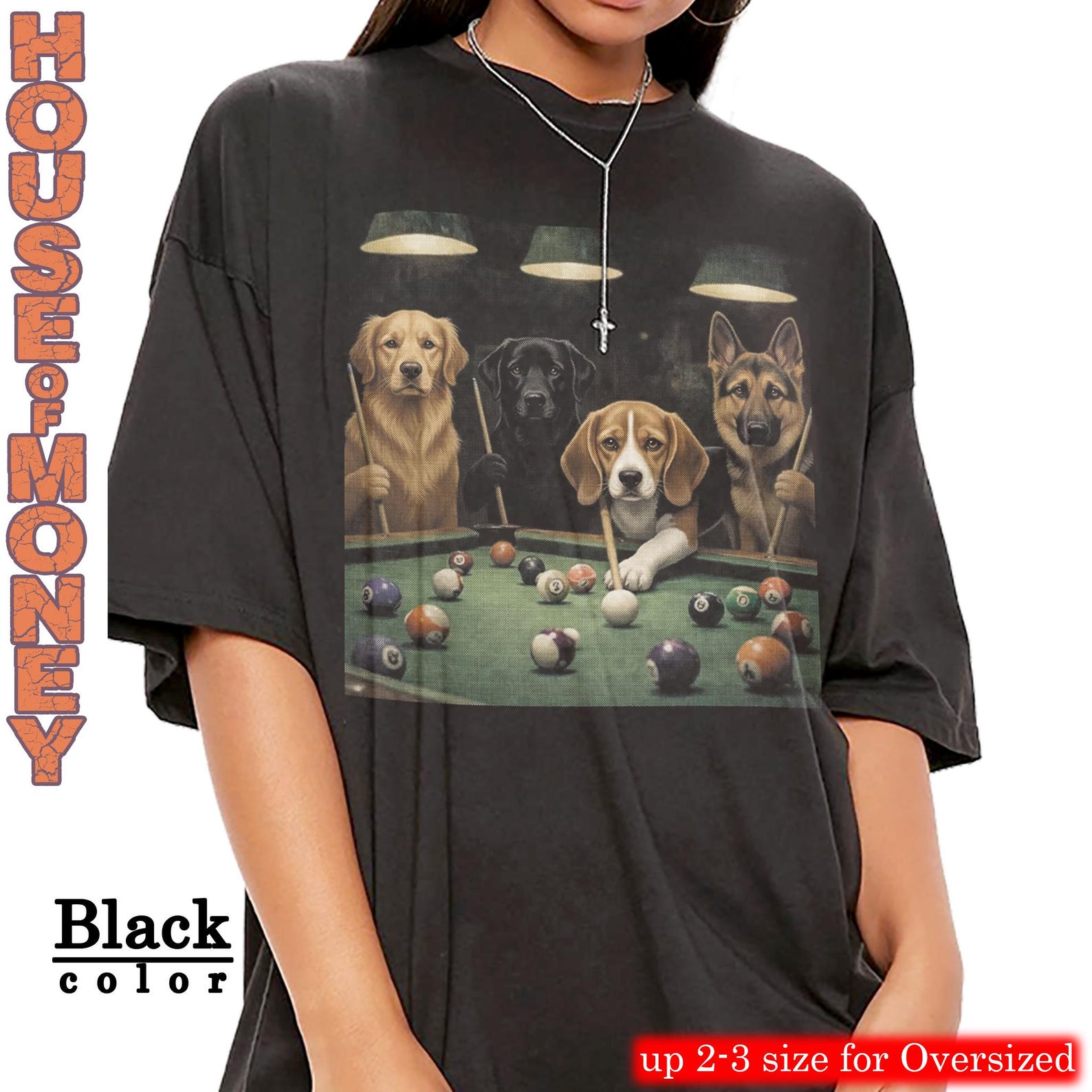 Dogs Playing Pool T-Shirt, Funny Bulldog Graphic Tee L