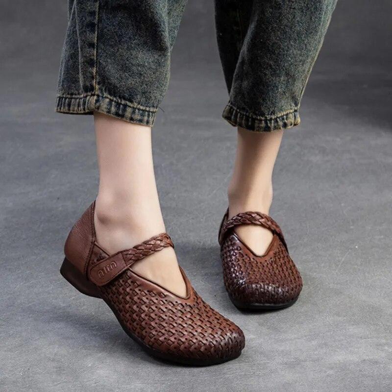 Johnature Pumps רטרו עור אמיתי רך סוליית וו ולולאה נעלי נשים נוחות ורסטיליות