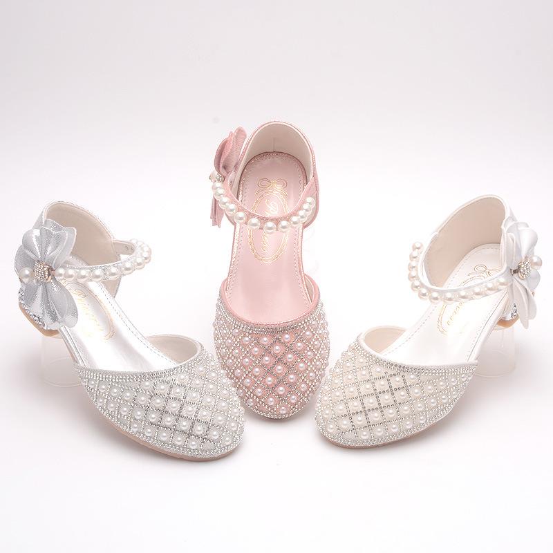 Mädchen Kristallschuhe Prinzessin High Heels Laufstegschuhe Mode Lederschuhe Kinder Sandalen mit geschlossener Zehe