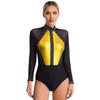 Womens Figure Skating Bodysuit Color Block Patchwork Keyhole Back Sheer Mesh Long Sleeve Rhinestone Leotard