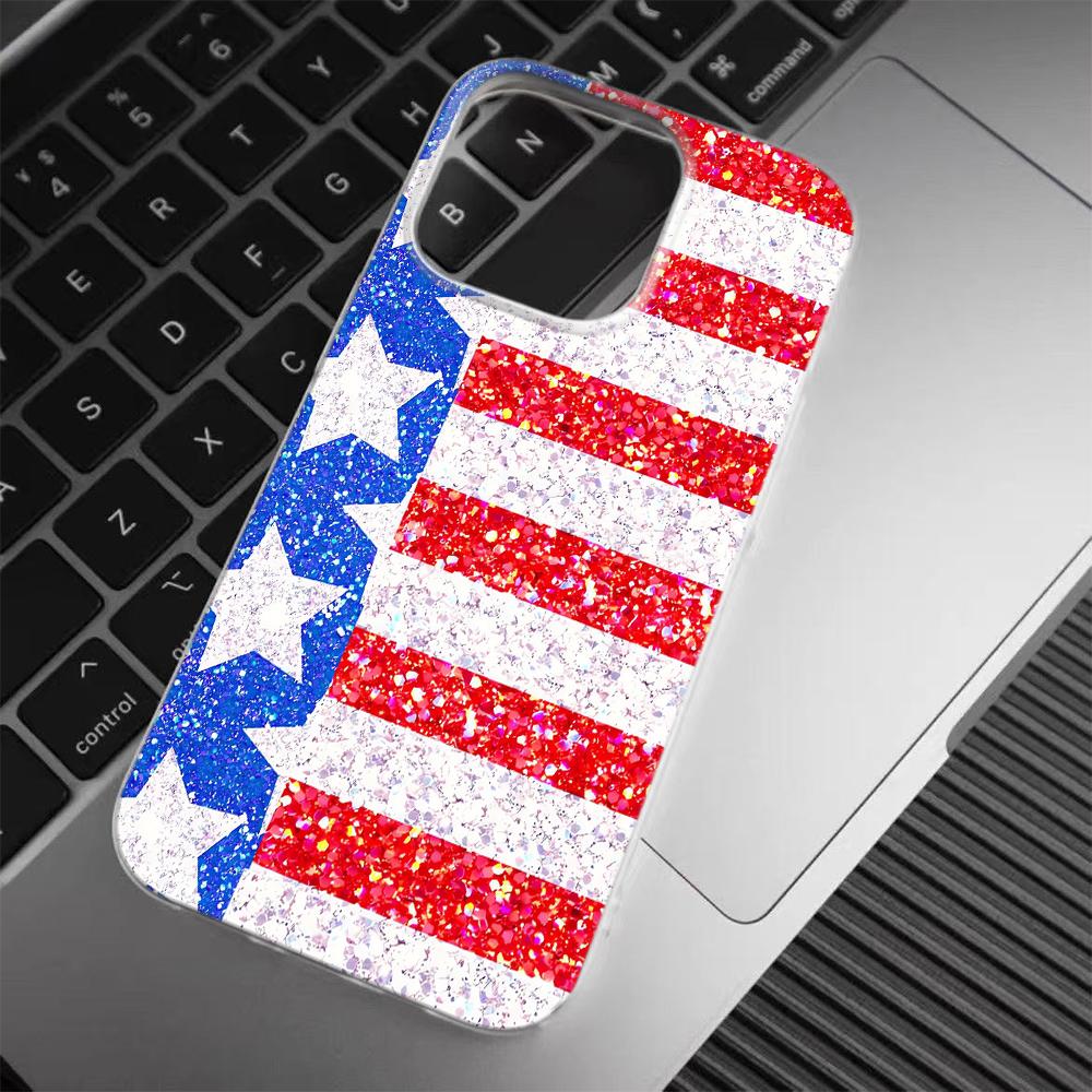 American Flag Phone Case for iPhone 17 16 15 14 Plus 13 12 11 Pro Max Glitter Studded Patriotic USA Flag Design Shockproof Cover