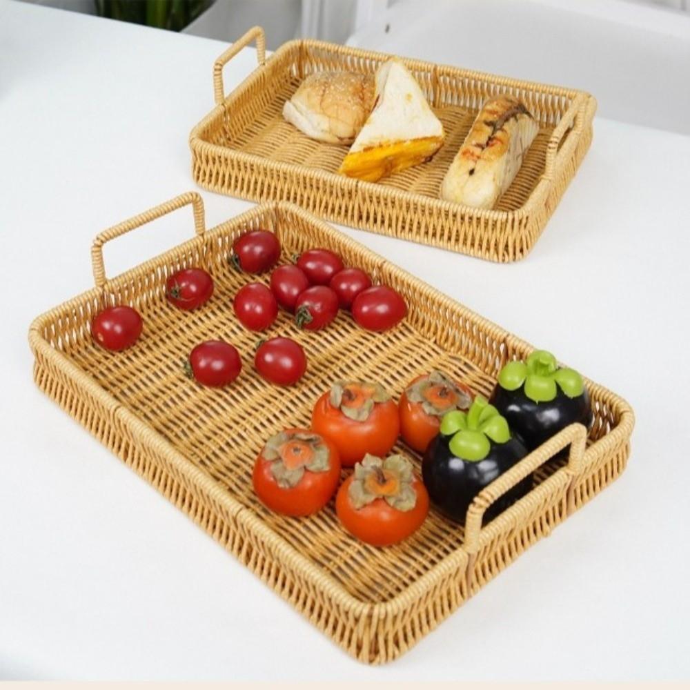 Handwoven Wicker Serving Tray Woven Handheld Plastic Rattan Storage Tray  Kitchen Storage