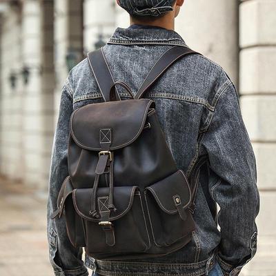 Mochila Masculina de Couro Genuíno DUJIANG para Laptop de 15" - Mochila Escolar Retro de Grande Capacidade com Cordão