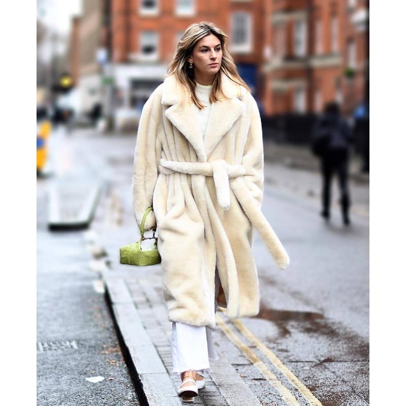 Women s Faux Fur Long Coat Autumn Winter Lapel Belted Teddy Coat S