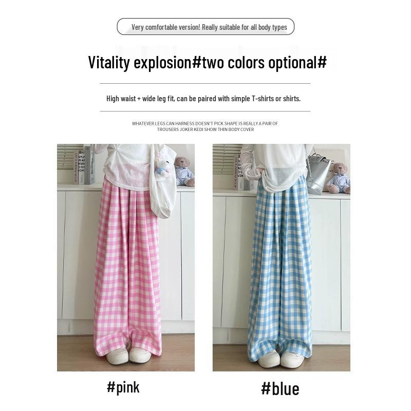 Petite Blue & White Checkered High Waist Summer Pants - Women's Casual Straight Leg Stroll Style