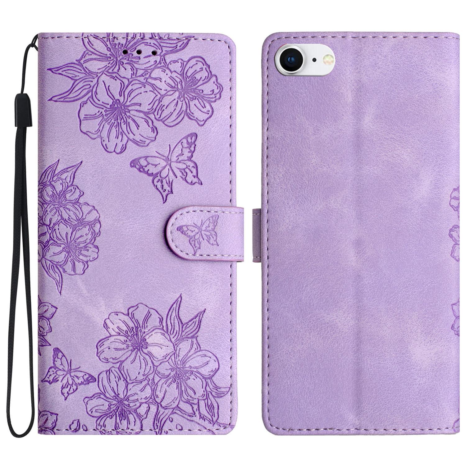 

For iPhone 6/6s/7/8 4.7 inch/SE (2020)/SE (2022) Case Sakura Butterfly Imprint Leather Wallet Stand Phone Cover Purple