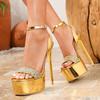 Model Show Sexy Gold Super High Heels Platform Sandals for Women Fashion Sequined Open Toe Wedding Banquet Stiletto Shoes