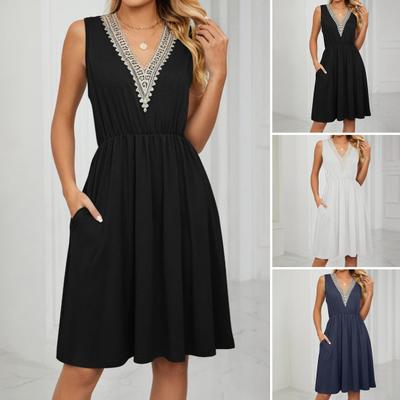 Women's Summer Dress V Neck Sleeveless Midi Dresses with Pockets Casual Boho Beach Vacation Sundresses