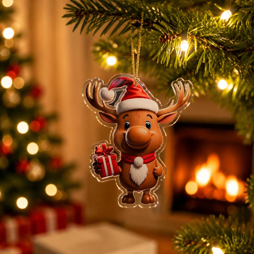 1/10 Stück Weihnachtsbaum-Anhänger Niedlicher Cartoon-Rentier Mit Weihnachtsmannmütze Design Hänger 2D Acryl-Anhänger Partyzubehör 2026