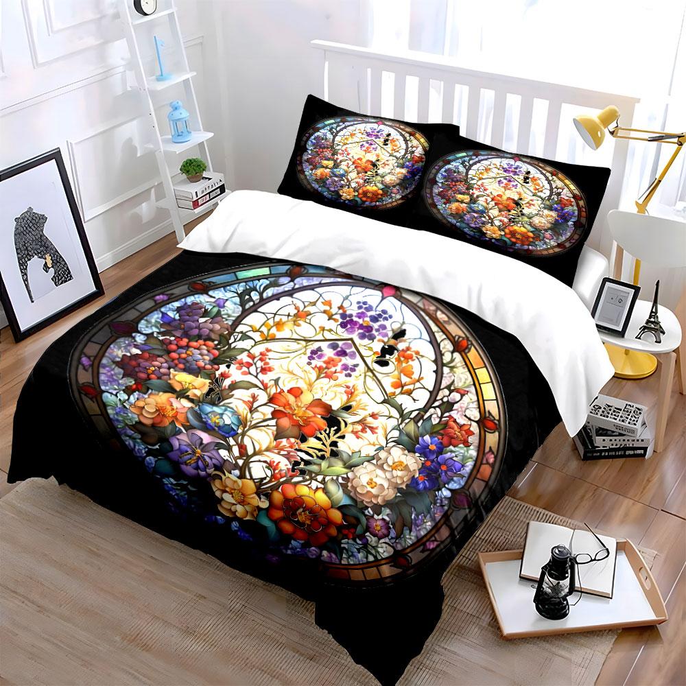 Floral Stained Glass Decor Set Multiple sizes kid's and adults' bedroom Exquisite 3PC bedding set gift