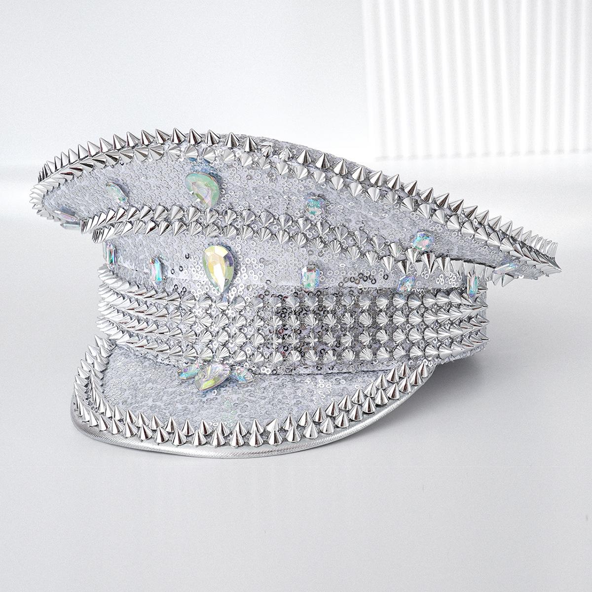 

Металлическая шляпа для сцены в стиле Y2K с заклепками и стразами для мужчин и женщин M (56-58cm) серебряный