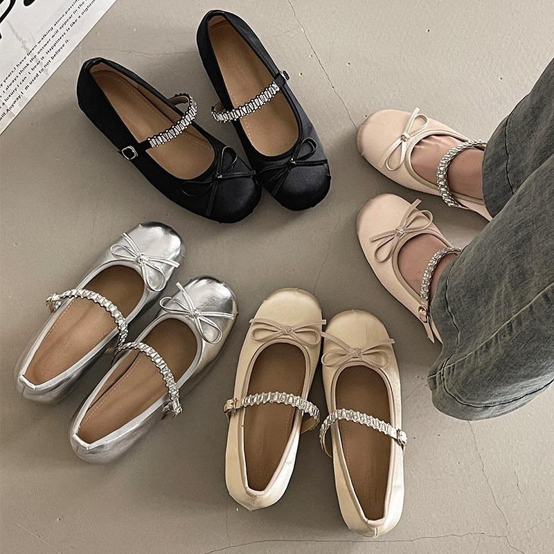 Designer Shining Rhinestone Women Mary Jane Shoes Concise Internal Increase Ballet Shoes Spring Ladies Butterfly-knot Dress Shoe