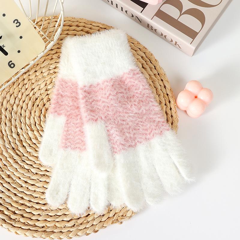 

Jacquard knitted gloves for women, cute in winter, thickened and warm five-finger wool, outdoor riding in autumn and winter, cold-proof
