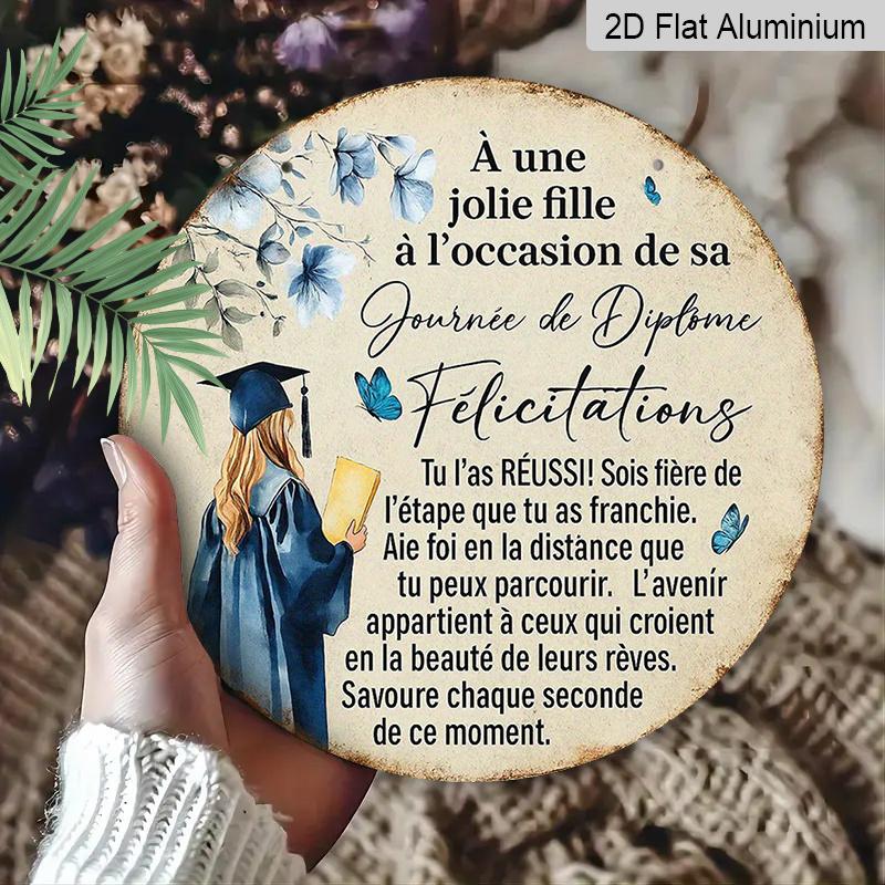 2D Flat - A Vintage Decorative Plaque Measuring 7.87X7.87 Inches, Featuring a Round French Aluminum Sign with a "Congratulations on Your Graduation