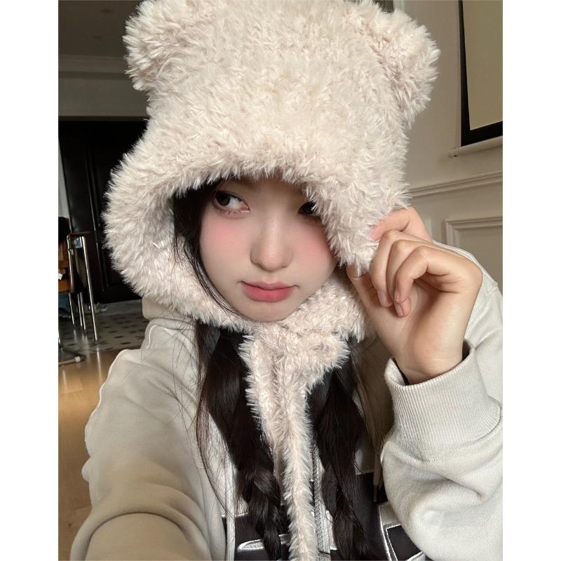 Plush Bear Hat Women's Winter Thickened Warm Knitted Hat Ear Protection Warm Wool Hat Windproof Cycling Lei Feng Hat