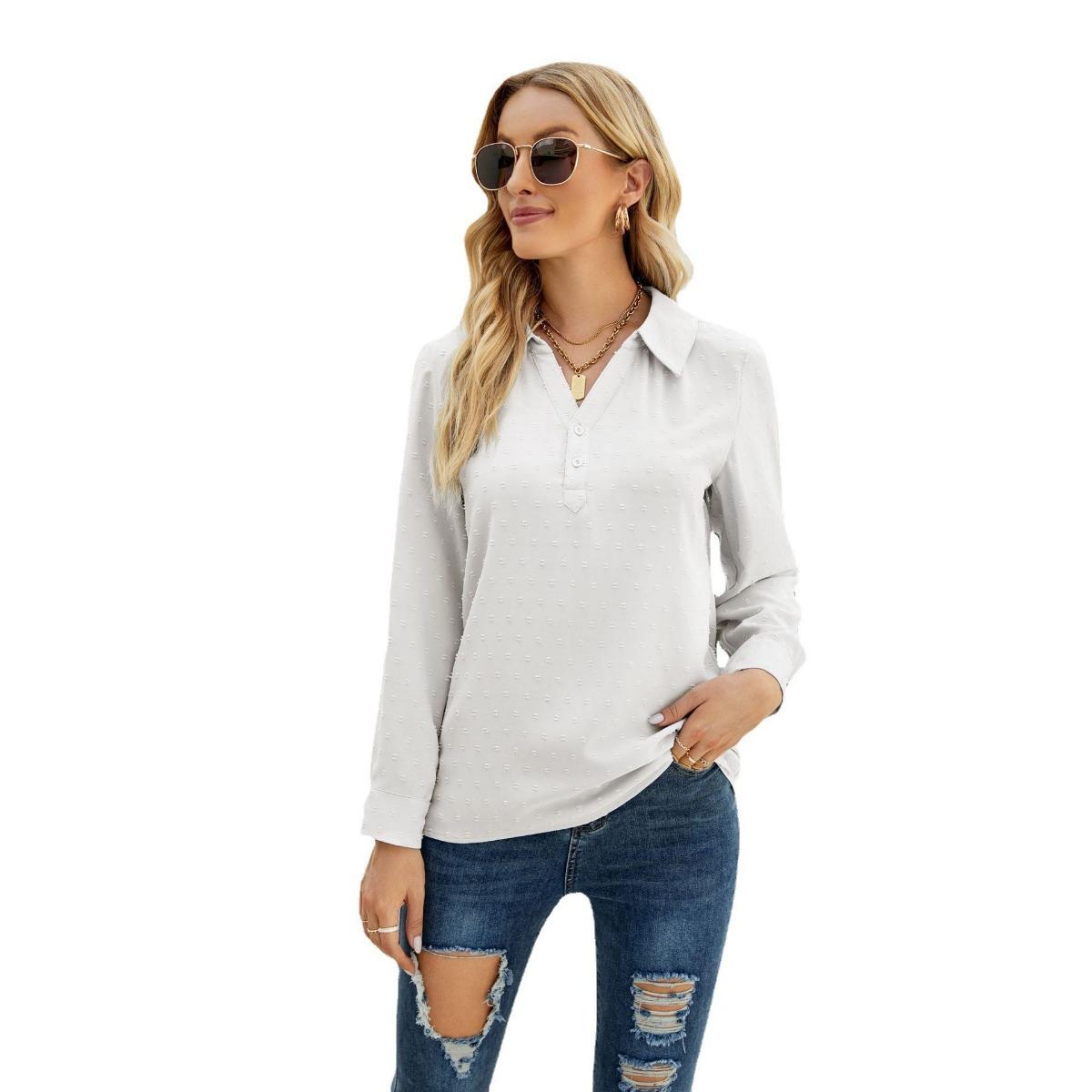 

Autumn Winter Women s Stand Collar Long Sleeve Jacquard Pom-pom Loose Casual Shirt Blouse, European & American Style Crossborder Women s Top S белый