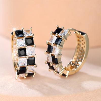 Black Crystal White Zircon Chessboard Square Stone Hoop Earrings For Women Vintage Gold Color Ear Buckle Wedding Jewelry Gifts