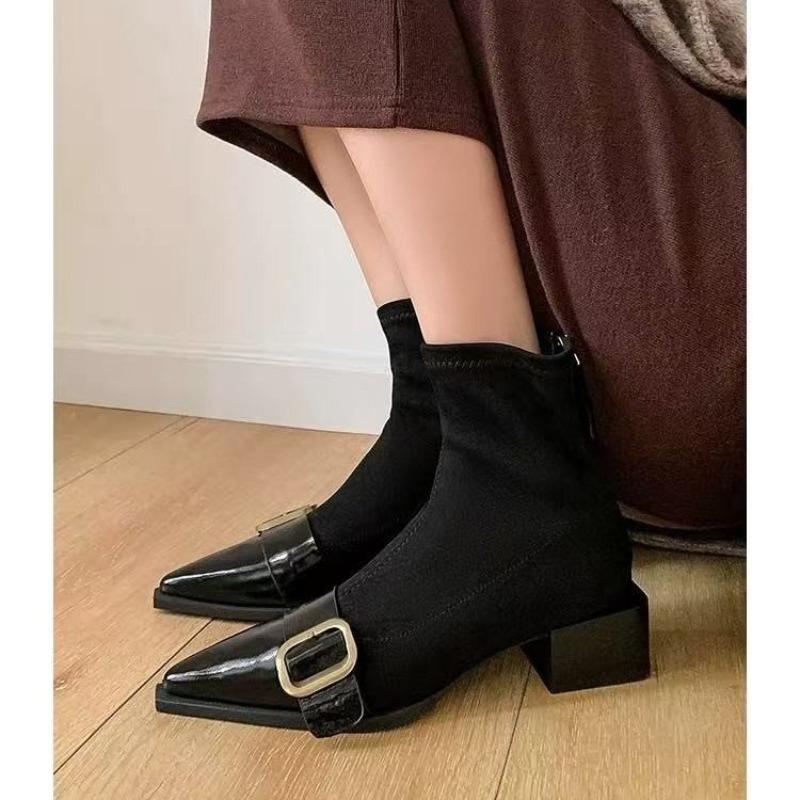 Obuv Černá Krátké Boty pro Ženy Elegantní s Nízkými Podpatky Kotníkové Boty Práce Dámské Kotníkové Boty Špičaté Špičky Designerské Luxusní Podzim