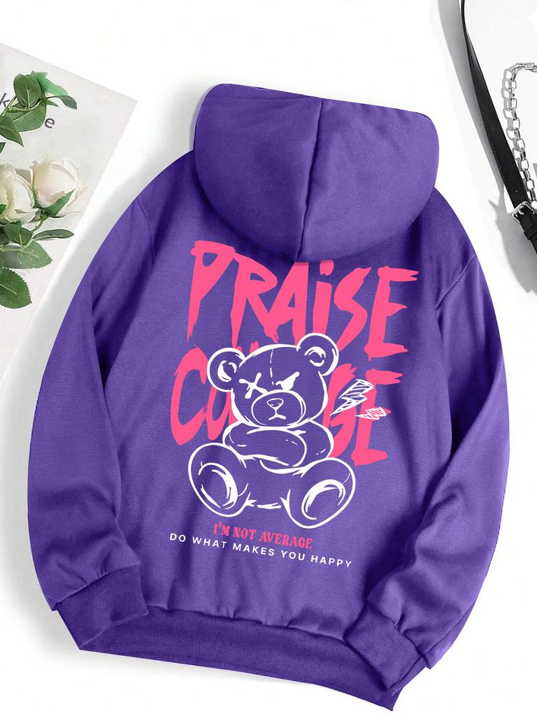 Cool Little Bear Cartoon Printing Hoody For Female Fashion Warm Streetwear Personality Autumn New Sweatshirt Fleece Womenwear