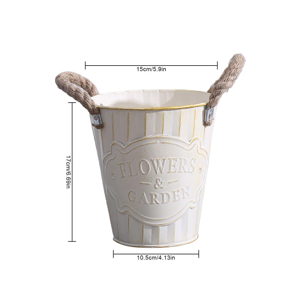 Vintage White Metal Planter Pot with Rope Handles 21cm Tall Drainage Hole Retro Style Flower Pot