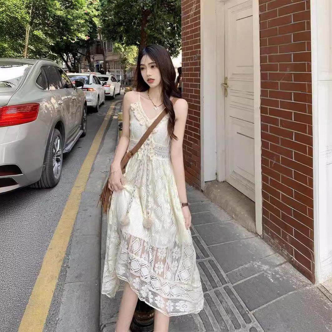 Ethnic style hollow tassel lace suspender long dress mesh suspender dress beach fairy skirt S белый