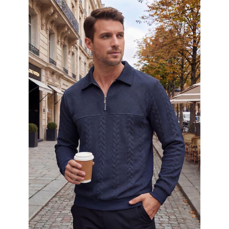 Men S Solid Color Jacquard Splice Half Zip Long Sleeve Polo Shirt