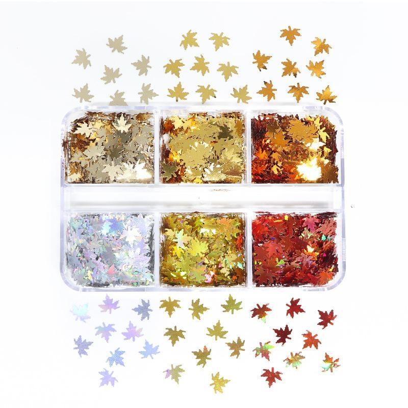 1 Set Shiny Mix Laser Nail Flakes 3D Leaf Nail Decoration 6 Grids Holographic Red Leaves Nail Glitter Sequins
