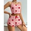 Women's Strawberry Print Ribbed Knit Ice Silk Camisole Pajama Set Comfortable Two-Piece Sleepwear for Summer