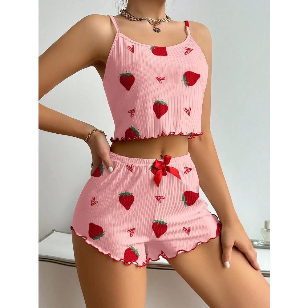 Women's Strawberry Print Ribbed Knit Ice Silk Camisole Pajama Set Comfortable Two-Piece Sleepwear for Summer