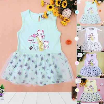 Abbigliamento da neonato per bambina in puro cotone Primavera Autunno Estate Gonna con gilet Stampa gatto Abito in maglia di pizzo Abbigliamento per bambini