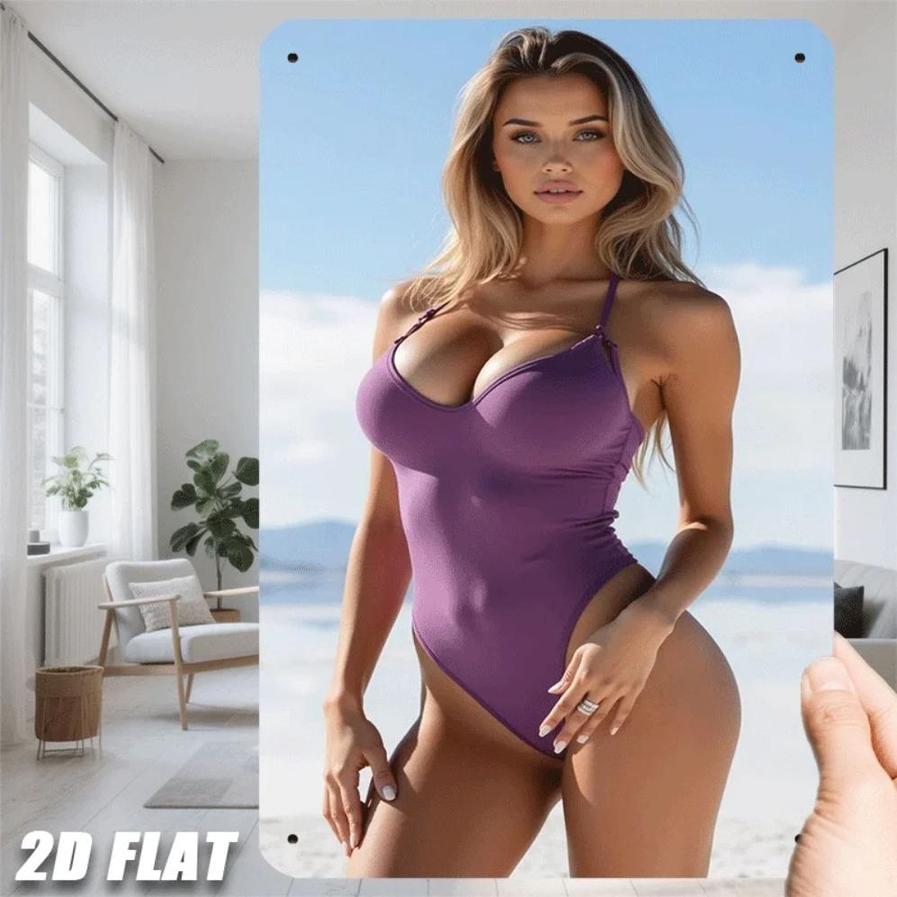High Definition Tin Painting Blonde Woman In Purple Swimsuit Beach Scene Metal Sign Wall Art Decor