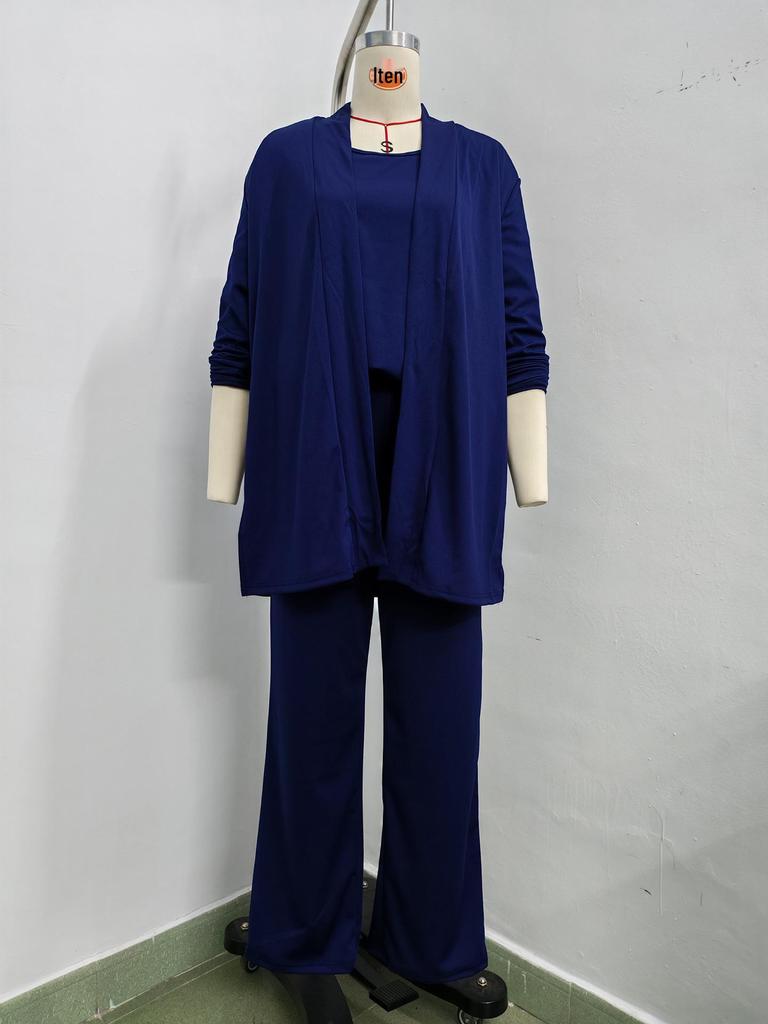 Ensemble trois pièces unicolore pour femme Printemps/Automne 2026: Haut à col rond, Manches courtes, Pantalon long, Manteau de longueur moyenne