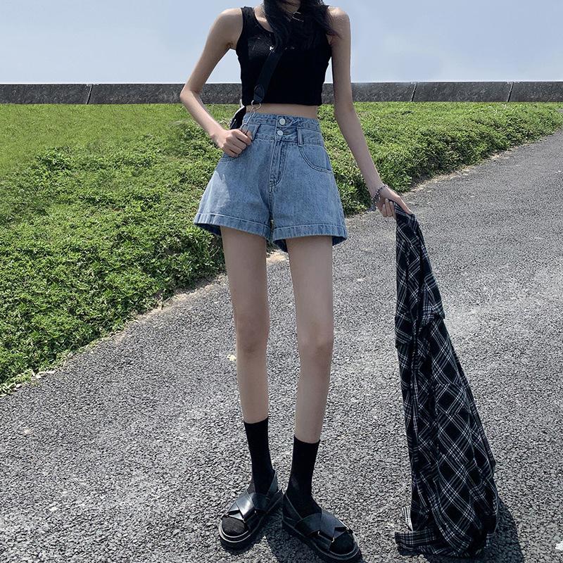 Women's High Waist A-Line Denim Shorts - Slimming, Double Button, Rolled Hem, Wide Leg, Summer Thin Style