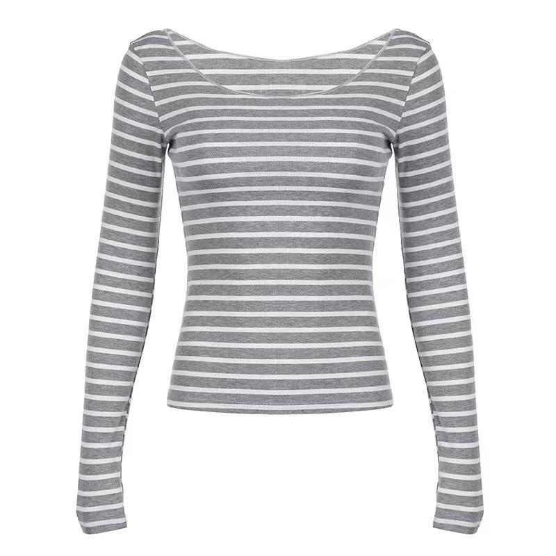 Spring Fall Women's New Japanese Basic Models Slim Long-Sleeved Striped t-Shirt Strapless Korean Street Style Y2k Thin Tops