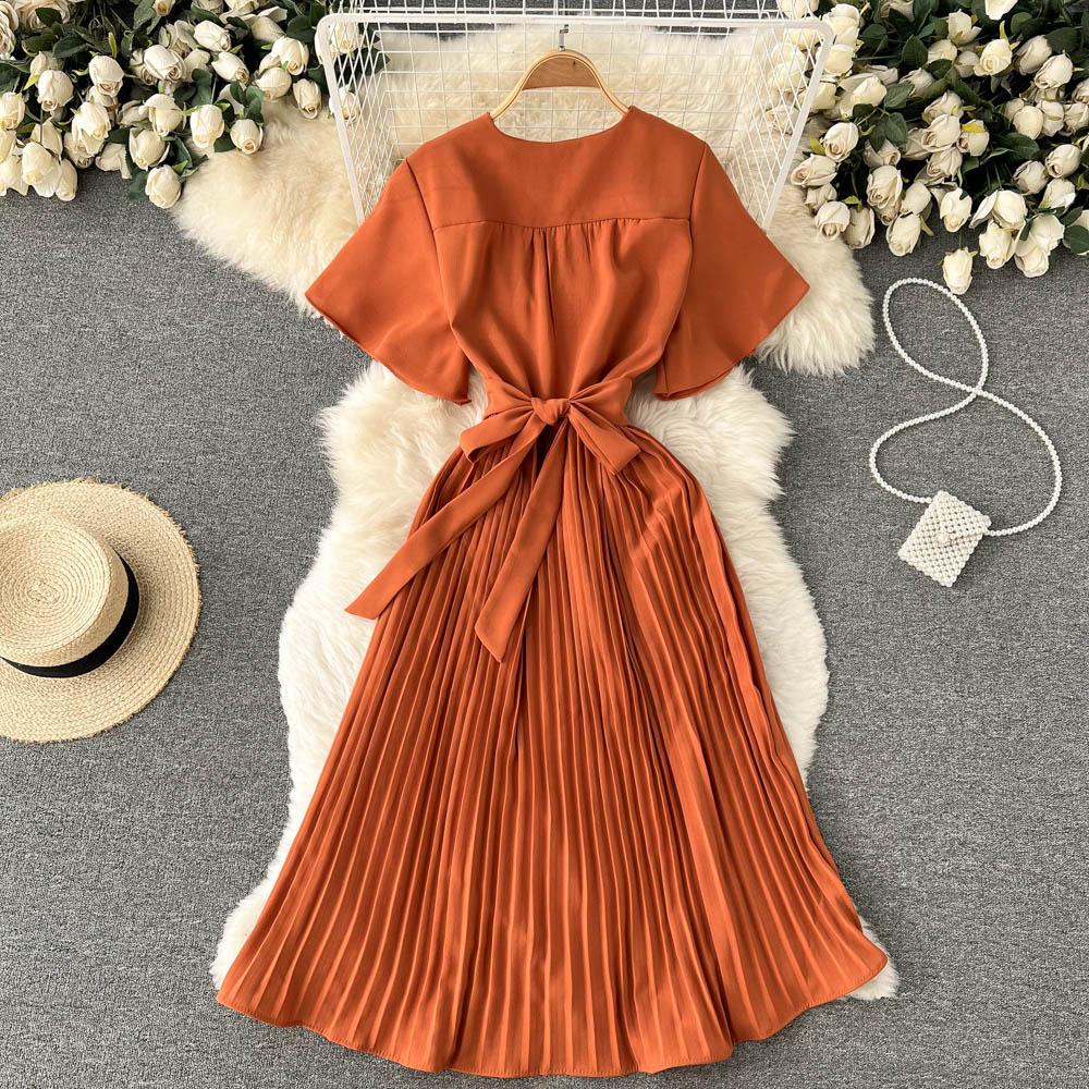 strapless open back dress BELL SLEEVE SURPLICE NECK PLEATED WAIST SOLID MAXI DRESS  Riah Fashion