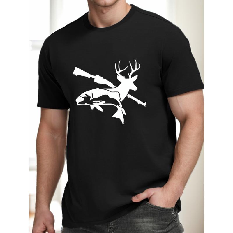 European Size Men's Deer and Rifle Print T-Shirt, Summer Casual Short Sleeve T-Shirt