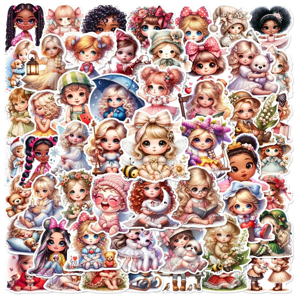 50PCS Cute Doll Little Girl Stickers Decoration Suitcase Scrapbooking Phone Laptop Stationery Kid's Toy Sticker