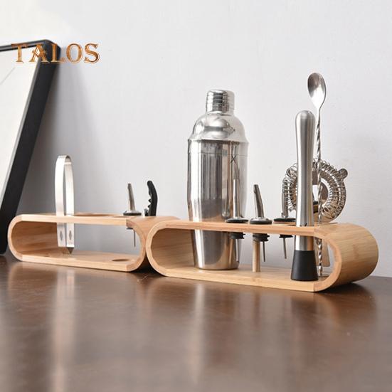 Wooden 9-Piece Bartender Tool Holder Stand Bamboo Cocktail Shaker Set Organizer Storage Display Rack Free Standing Bartender Kit Holder