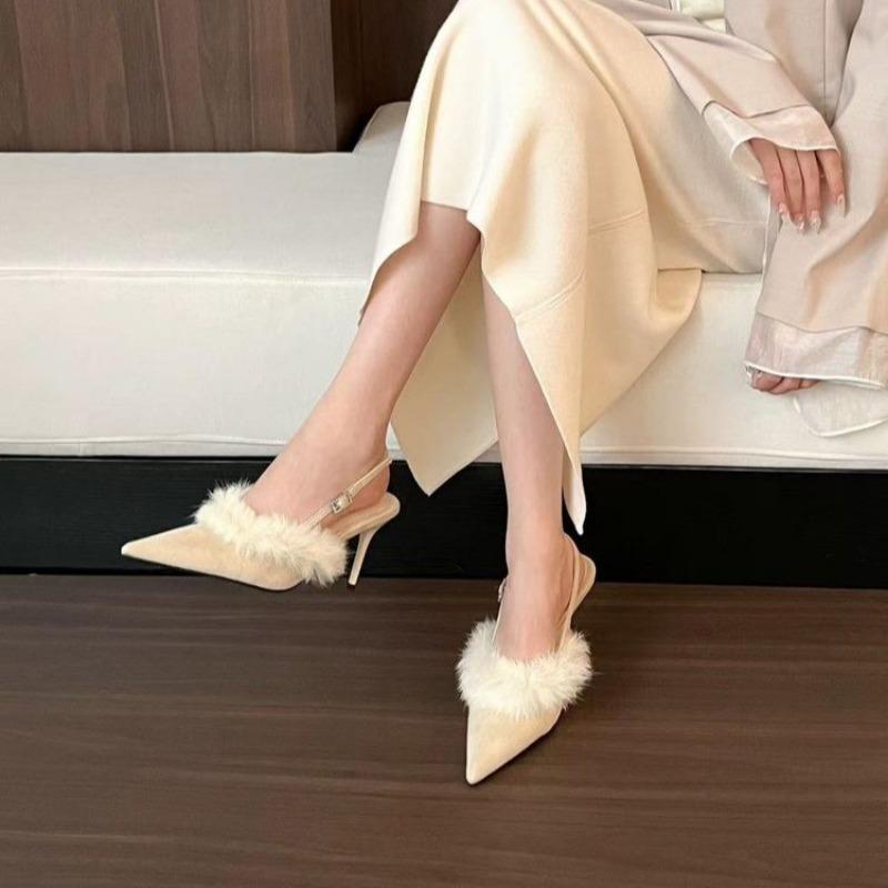 Fashion 2025 Summer High Heel Fluffy Women Sandals Shoes Fashion Pointed Toe Shoes Elegant Wedding Party Shoes New
