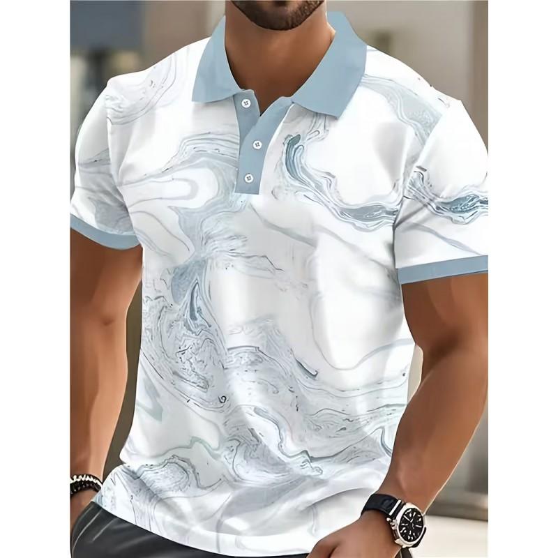Mens 3D Marble Print Polo Shirt Loose Fit Short Sleeve Breathable Pique Cotton Casual Wear