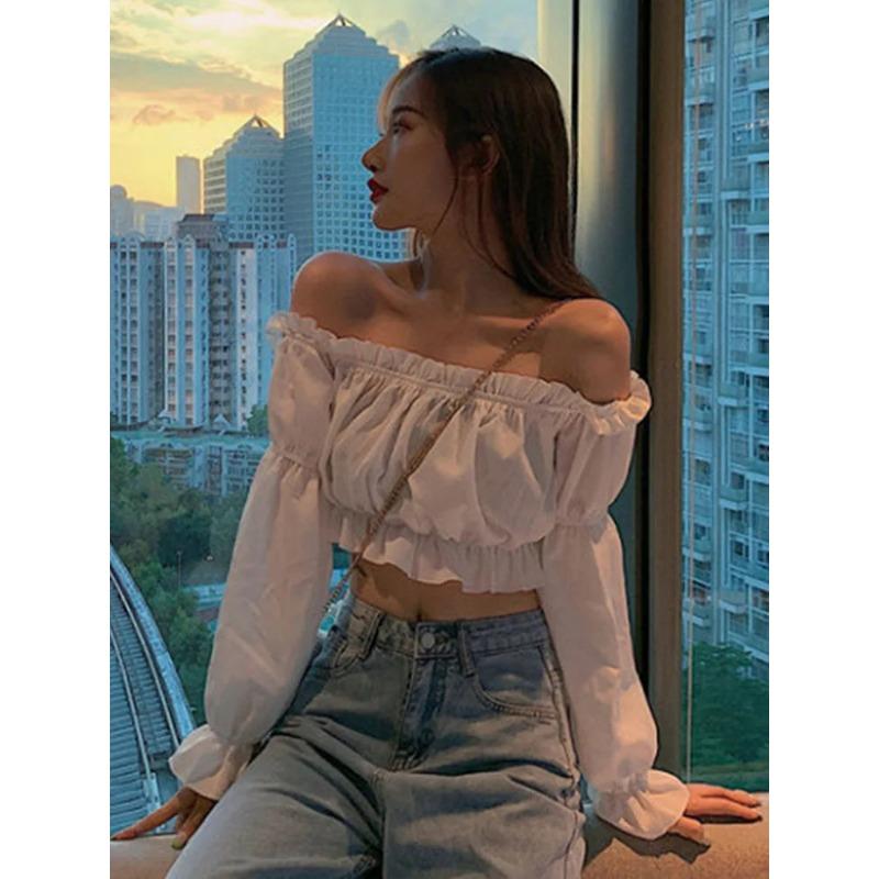 Dámský top sexy halenka bez ramen Top s dlouhým rukávem Jednobarevná Bílá košile s nabíraným rukávem Volán Tunika Top Letní Tube Top