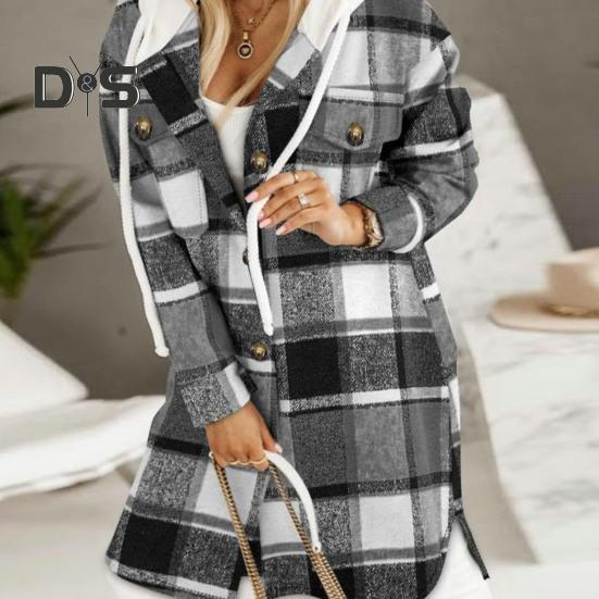 Women Fall Winter Sweater Coat Hooded Drawstring Twisted Pattern Contrast Color Thick Knitted Solid Color Long Sleeve Mid Length Pockets Split Hem