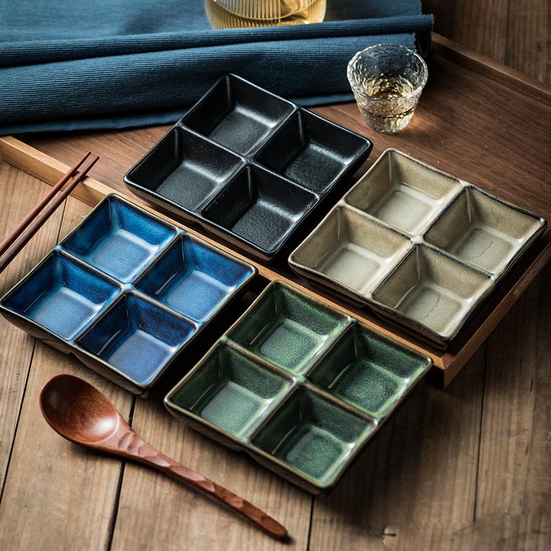 Platou ceramic pătrat pentru oală fierbinte, cu patru grile, în stil japonez, pentru condimente, sos de grătar